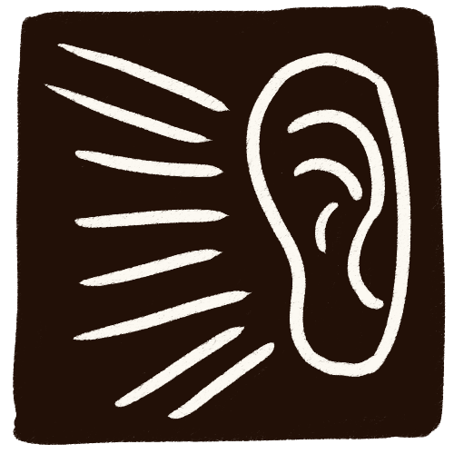  A drawing in white on a large black square. The drawing is of an ear, with emphasis lines around it. 